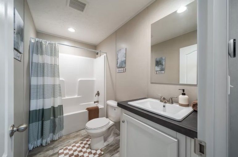 Bathroom with white fixtures, shower, vanity, and gray walls; decorative shower curtain, and checkered rug.