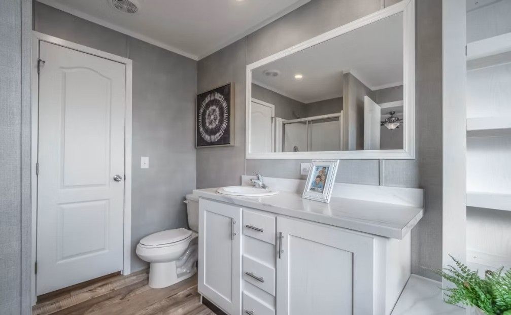 Bathroom with white vanity, toilet, and door; large mirror; gray walls and white trim.