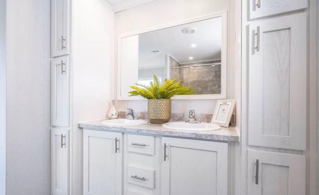 Bathroom vanity with double sinks, white cabinets, mirror, and greenery.