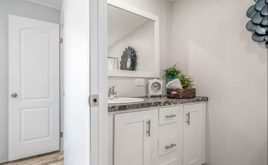 White bathroom vanity with sink, mirror, and decorative items. White door on the left.