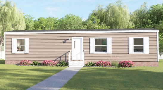 Single-story tan house with white trim, front steps, and a walkway through a grassy yard.