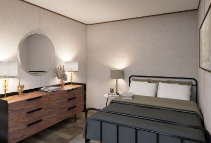 Cozy bedroom with a wooden dresser, round mirror, and neatly made bed with bedside lamps.