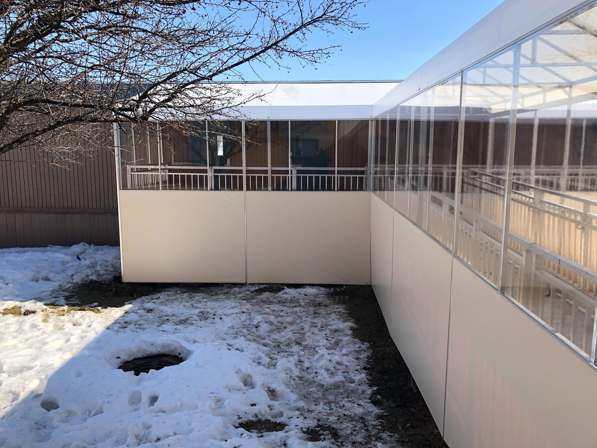 Snowy backyard with a covered porch, tan fence, and bare trees under a bright sky