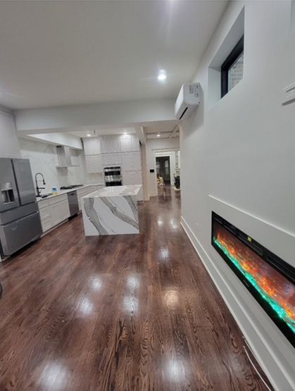 beautiful kitchen with waterfall kitchen island