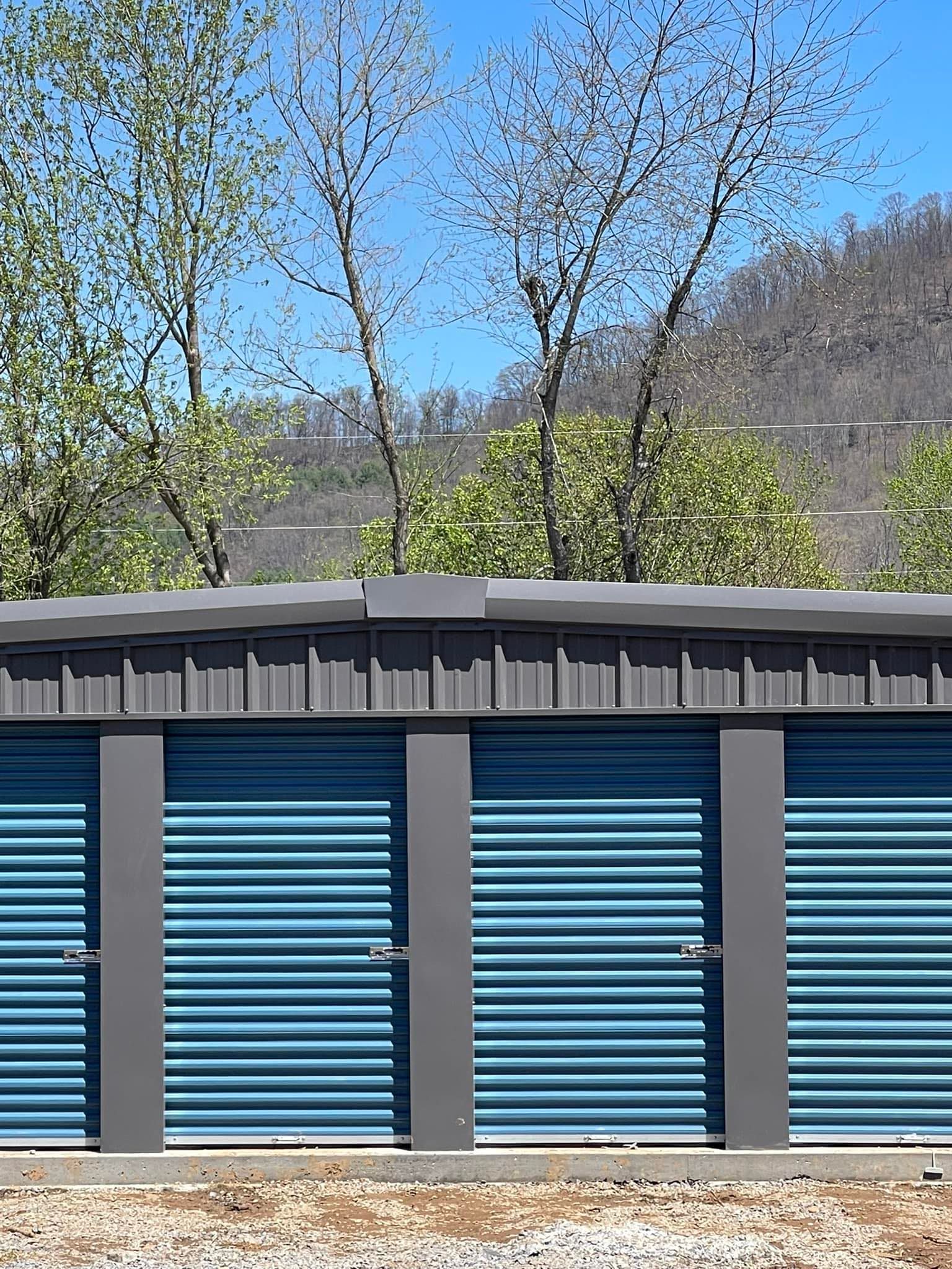 Blue storage unit doors in a row with gray trim. Trees and a mountain in the background under a blue sky.