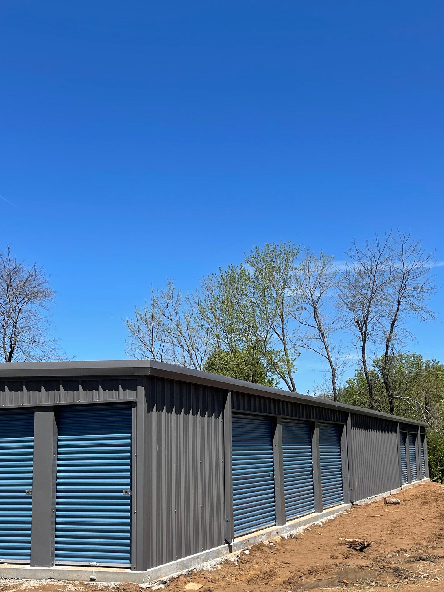 Storage units with blue doors under a clear blue sky, trees in the background.