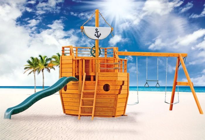 A wooden playground in the shape of a pirate ship