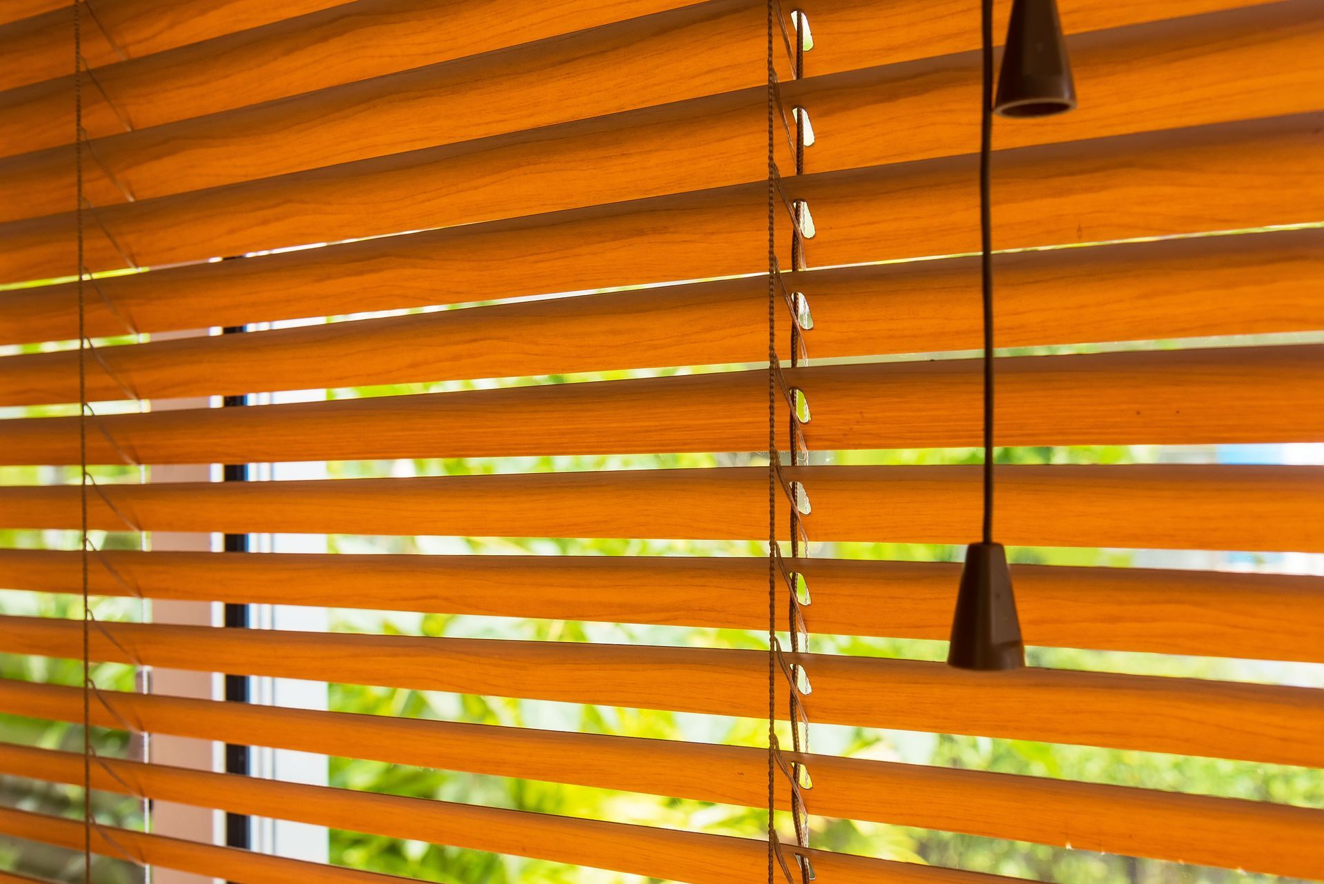 Wooden horizontal blinds, closed, in front of a blurry green background. Blinds are a light orange color, with cords.