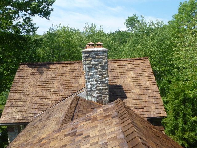 Stone chimney on a shingled roof surrounded by green trees