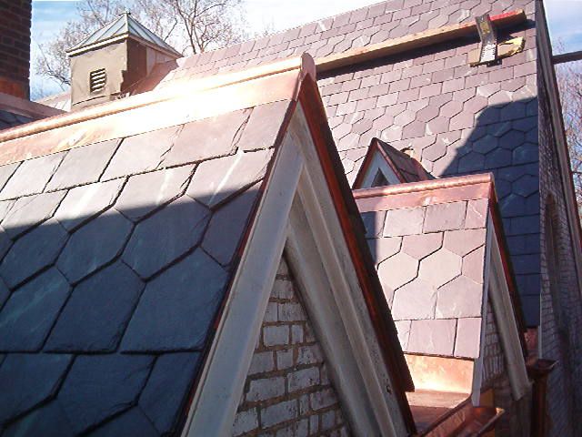 Slate rooftops with dormer windows in sunlight, showing a steep, shingled roofline.