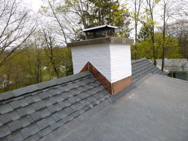 Slate roof with white chimney cap and trees in the background