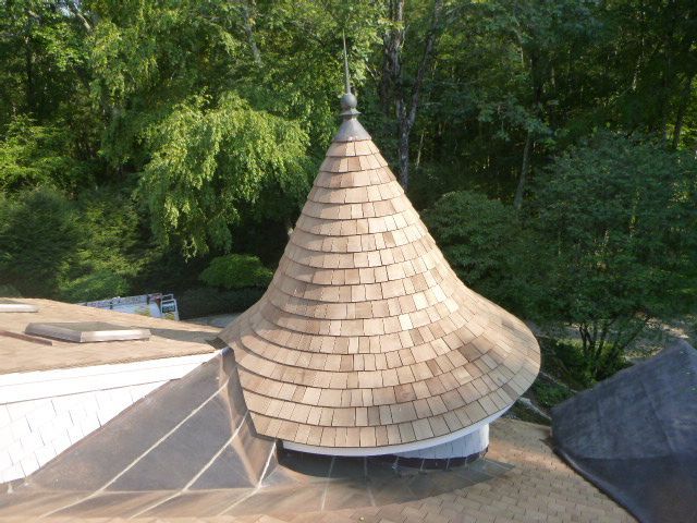 Conical shingled rooftop structure surrounded by trees, viewed from above