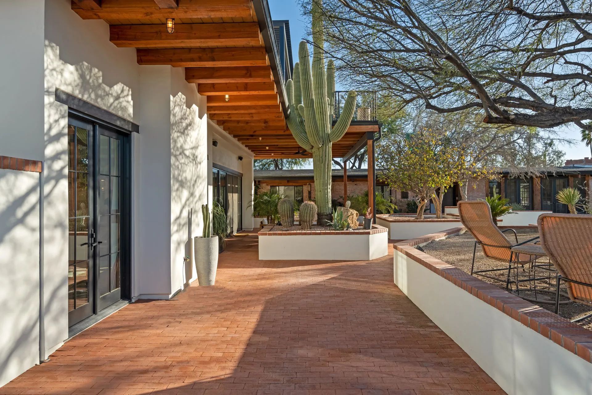 Sunlit patio with terracotta tiles, white stucco walls, wooden pergola, cactus, and woven lounge chairs
