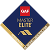 GAF Master Elite Residential Roofing Contractor badge. Dark blue diamond with gold accent. Red 