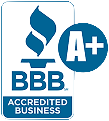BBB Accredited Business logo with a blue flame torch icon and an A+ rating enclosed in a circle.