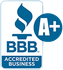 BBB Accredited Business logo with a blue flame torch icon and an A+ rating enclosed in a circle.