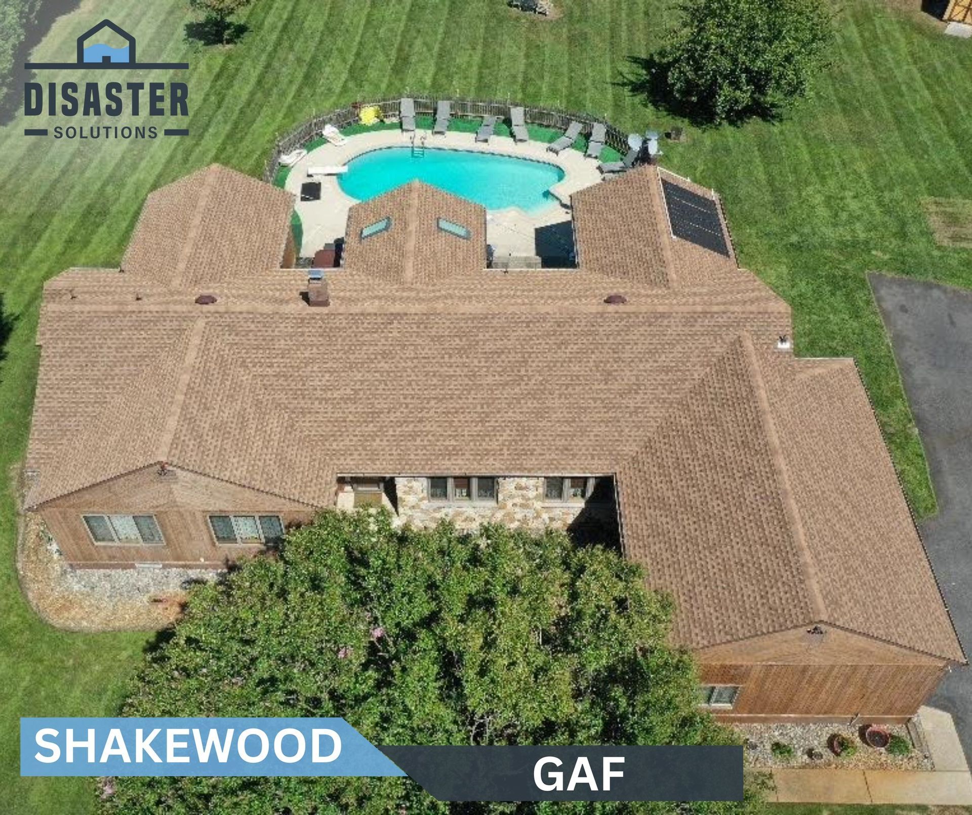 Aerial view of a brown shingle roof on a house with a pool in the background, labeled 