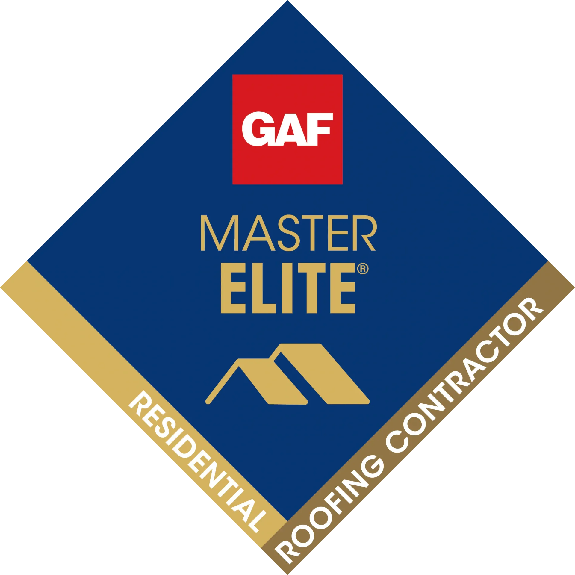 GAF Master Elite Residential Roofing Contractor logo: blue and gold diamond with GAF logo and text.