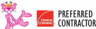 The Pink Panther gesturing toward the red Owens Corning Preferred Contractor logo.