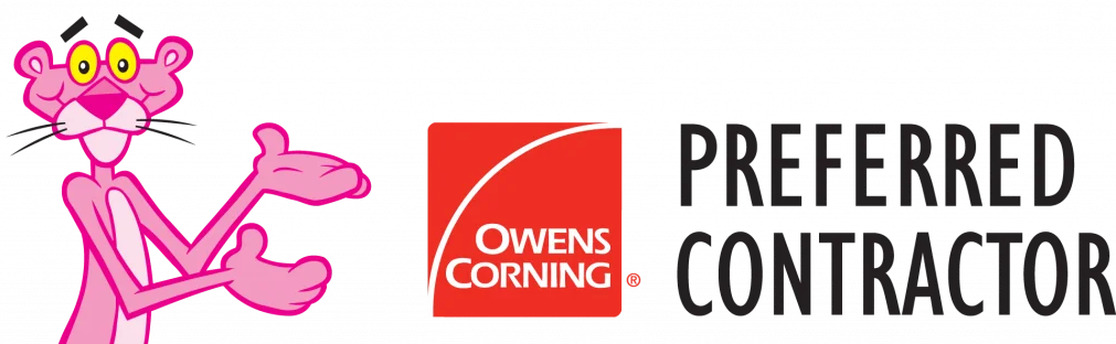 The Pink Panther gesturing toward the red Owens Corning Preferred Contractor logo.