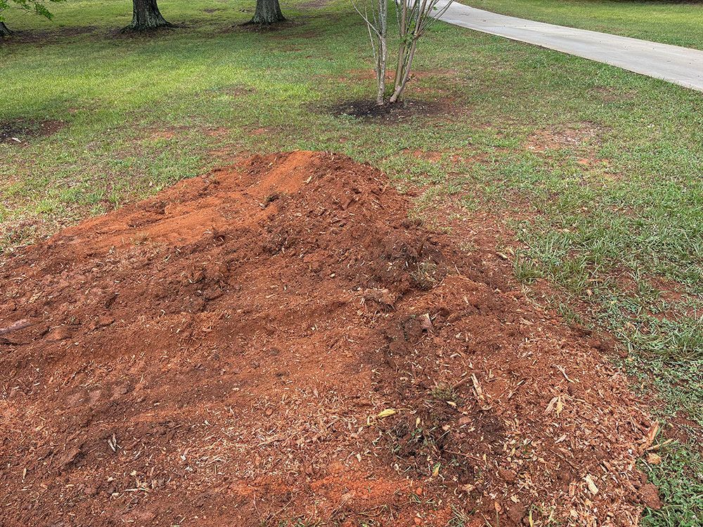 Pile of reddish dirt on a grassy yard near a road and young tree