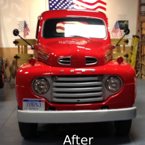 Red vintage truck front view in a showroom, with an American flag backdrop and “After” text.