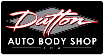 Dutton Auto Body Shop logo in red and white on a black background
