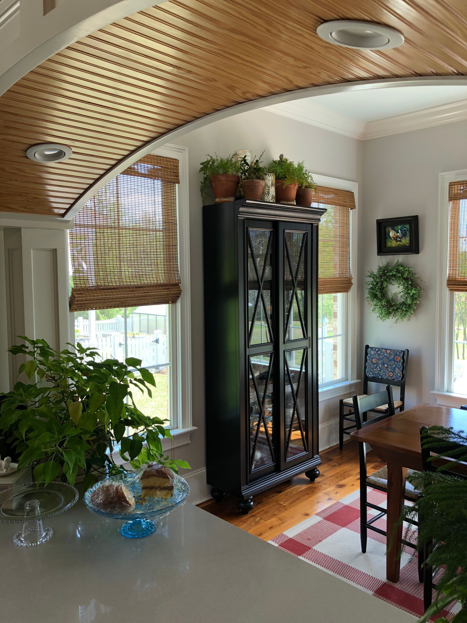 Kitchen with arched wood ceiling, black cabinet, windows with shades, plants, and red checkered rug.