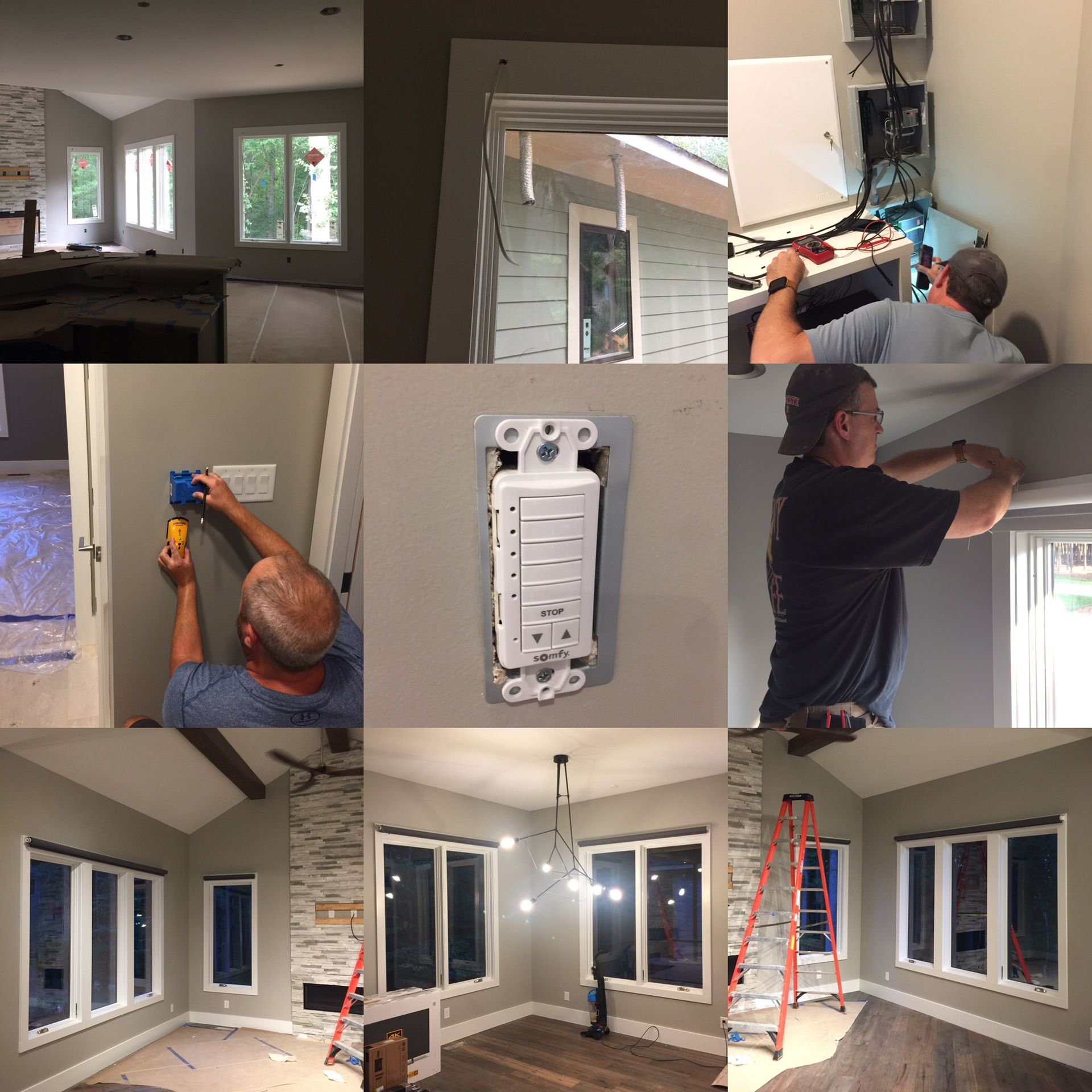 Nine photos show home renovation: electrical work, window installation, and finished rooms with new flooring.