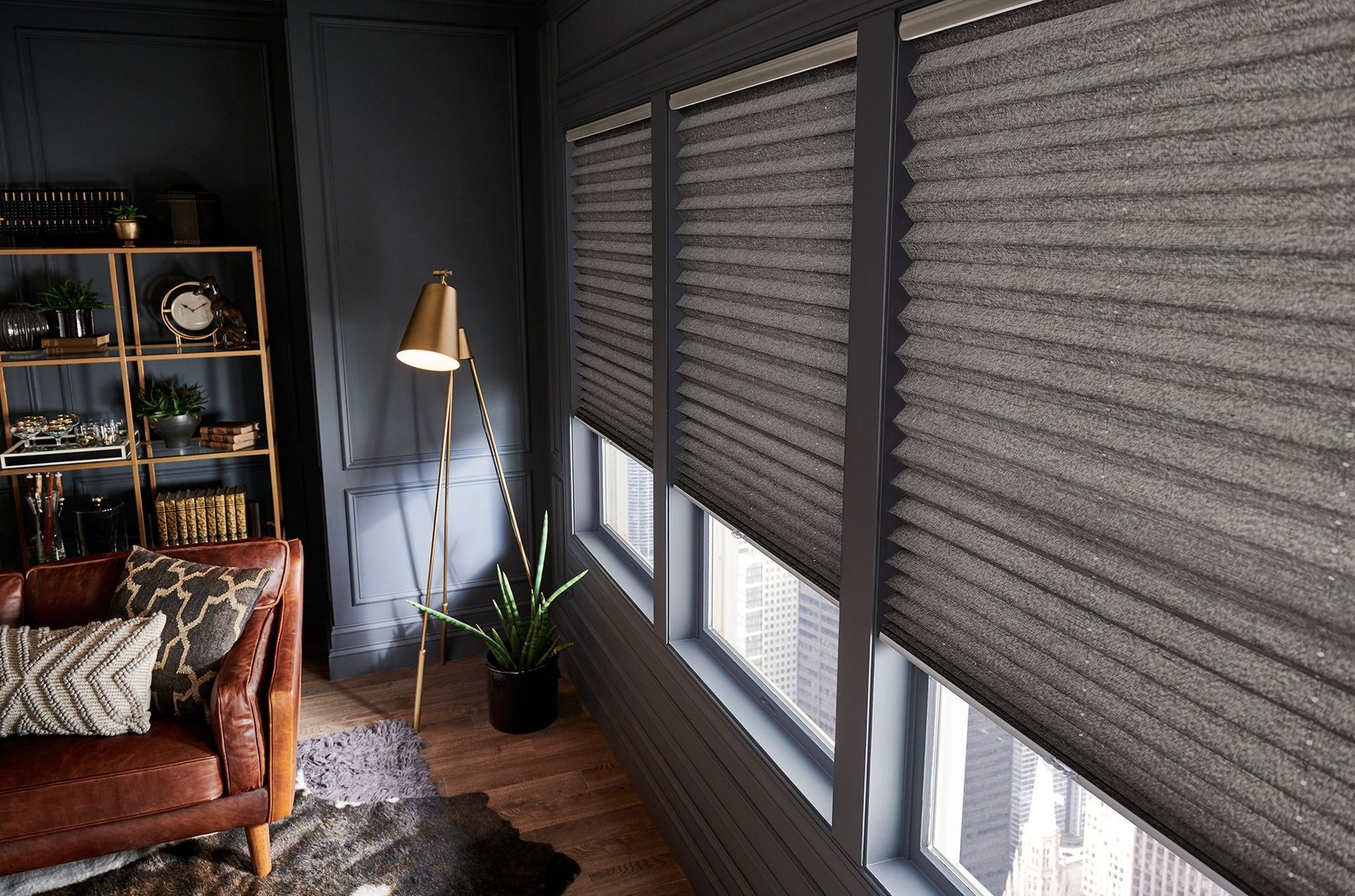 Room with gray blinds, leather sofa, bookcase, and a floor lamp.