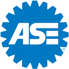 Blue and white ASE logo, with the letters 