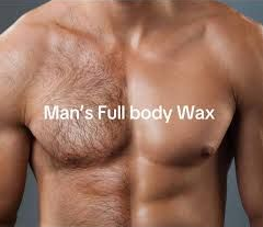 Man's torso, half hairy and half waxed smooth, promoting full body waxing for men.