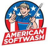 Cartoon soft wash logo with smiling worker holding a hose and sponge in blue-and-red circle, text "AMERICAN SOFTWASH"