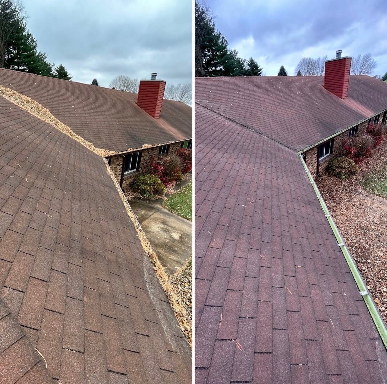 Split view of a shingled roof before and after cleaning, with a red chimney and cloudy sky.