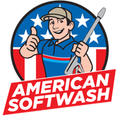 American Softwash logo with smiling worker, thumbs-up, pressure washer, stars, and red-blue background