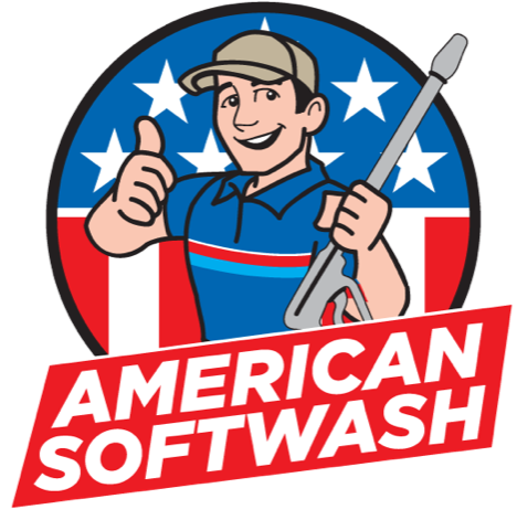 American Softwash logo with smiling worker, thumbs-up, pressure washer, stars, and red-blue background