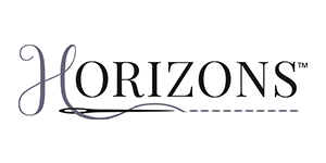 A black and white logo for horizons with a needle and thread.