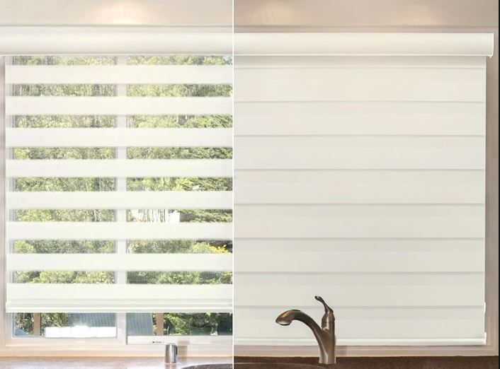 Two white zebra blinds in open and closed positions