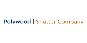 The logo for polywood shutter company is on a white background.