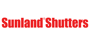 The sunland shutters logo is red on a white background.