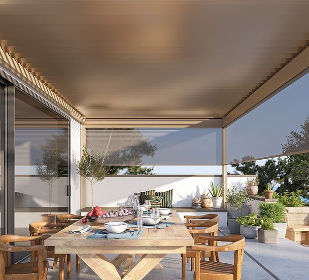 An artist 's impression of a patio with a table and chairs