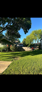 Sunlit suburban yard with a house, large tree, and a person in a red shirt near the fence
