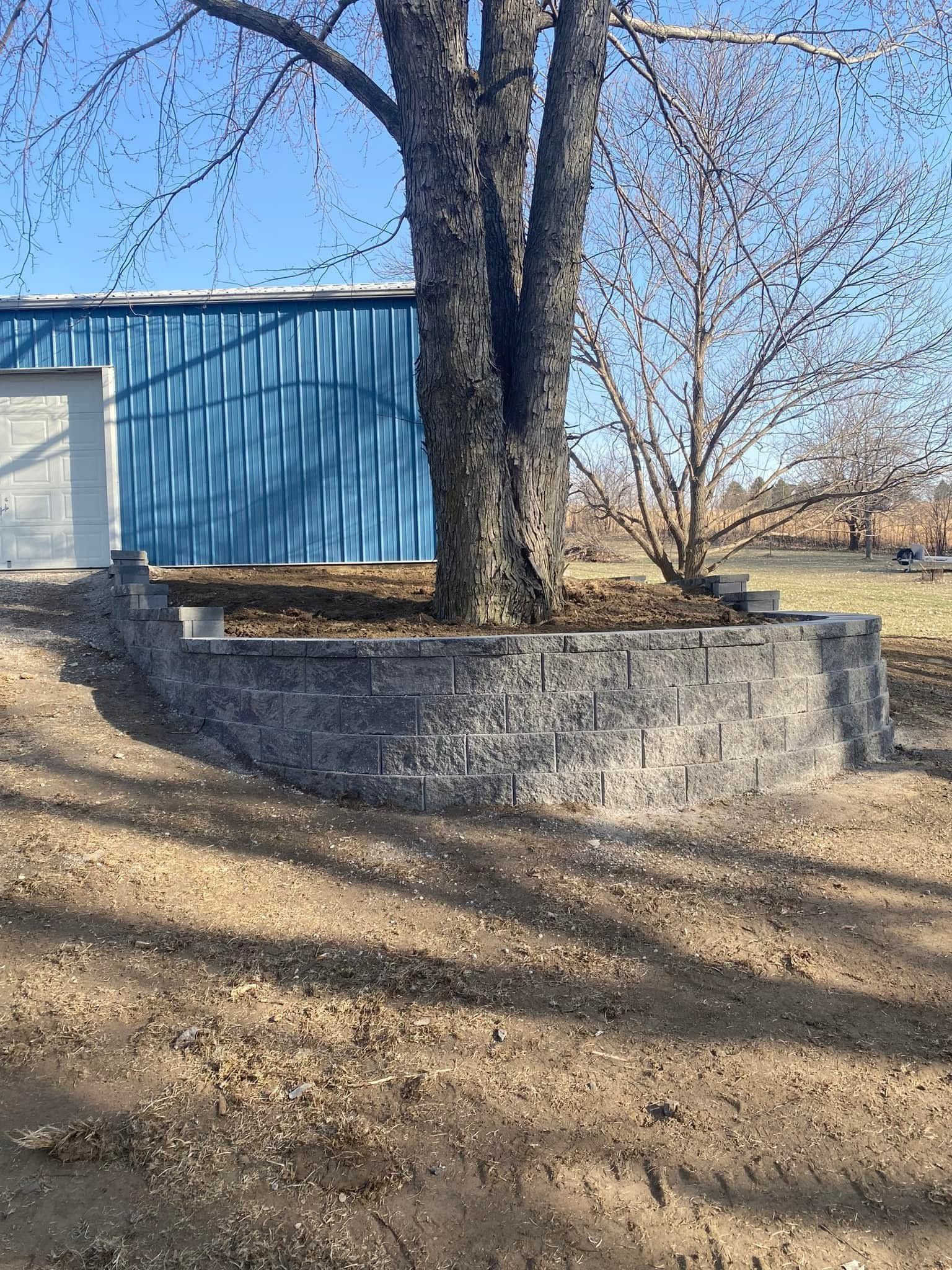 A tree is sitting next to a brick wall in front of a blue building.