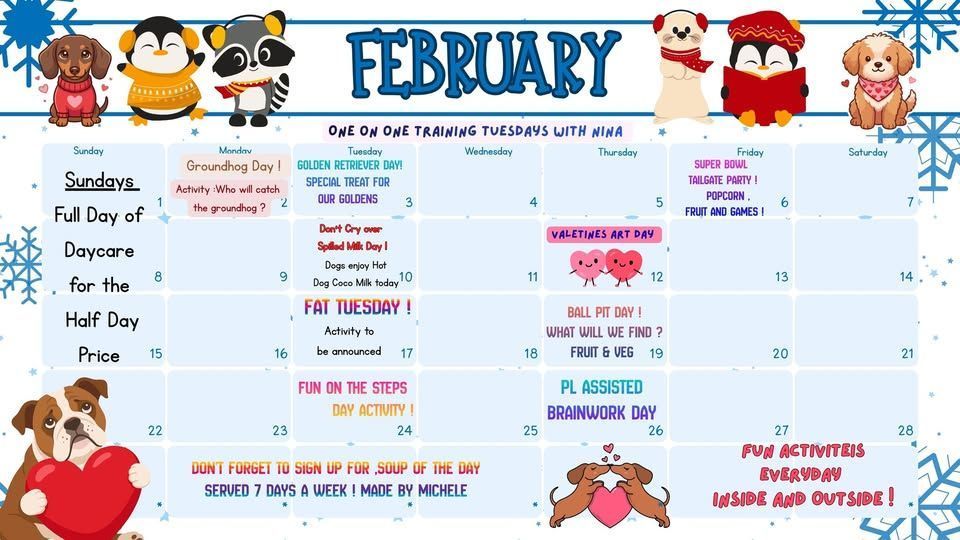 February calendar with cartoon animals and event listings