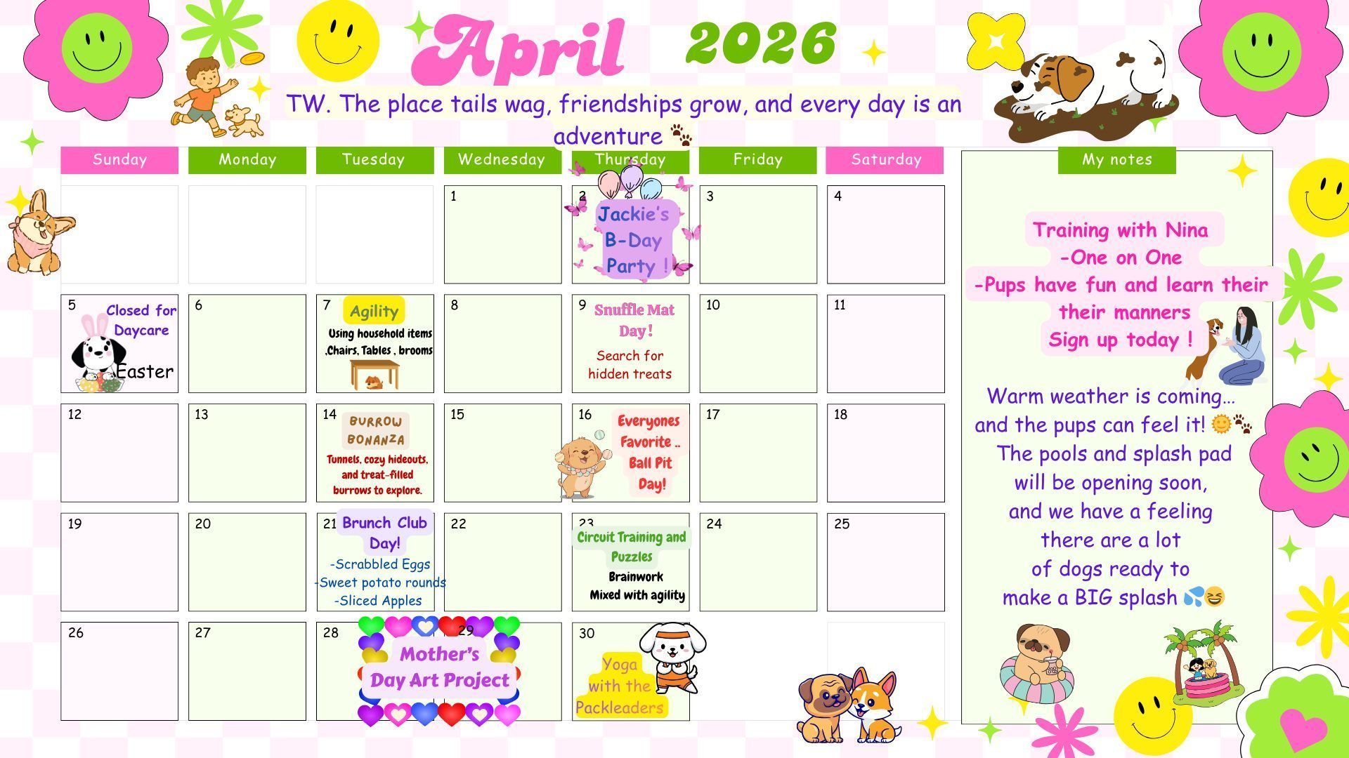 April 2026 calendar for a dog daycare, featuring pastel, floral designs and text noting events, party dates, and bookings.