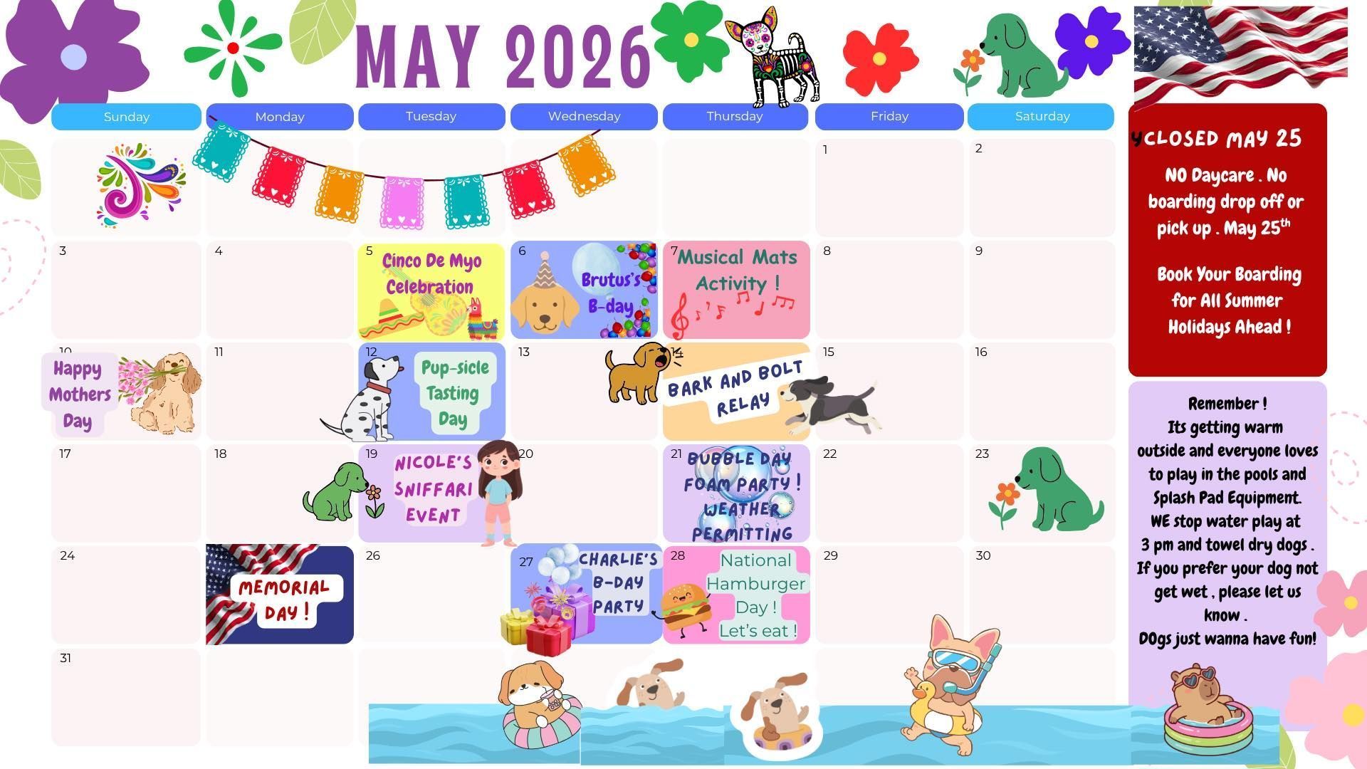 Colorful May 2026 monthly calendar with floral, and cartoon sea-animal decorations