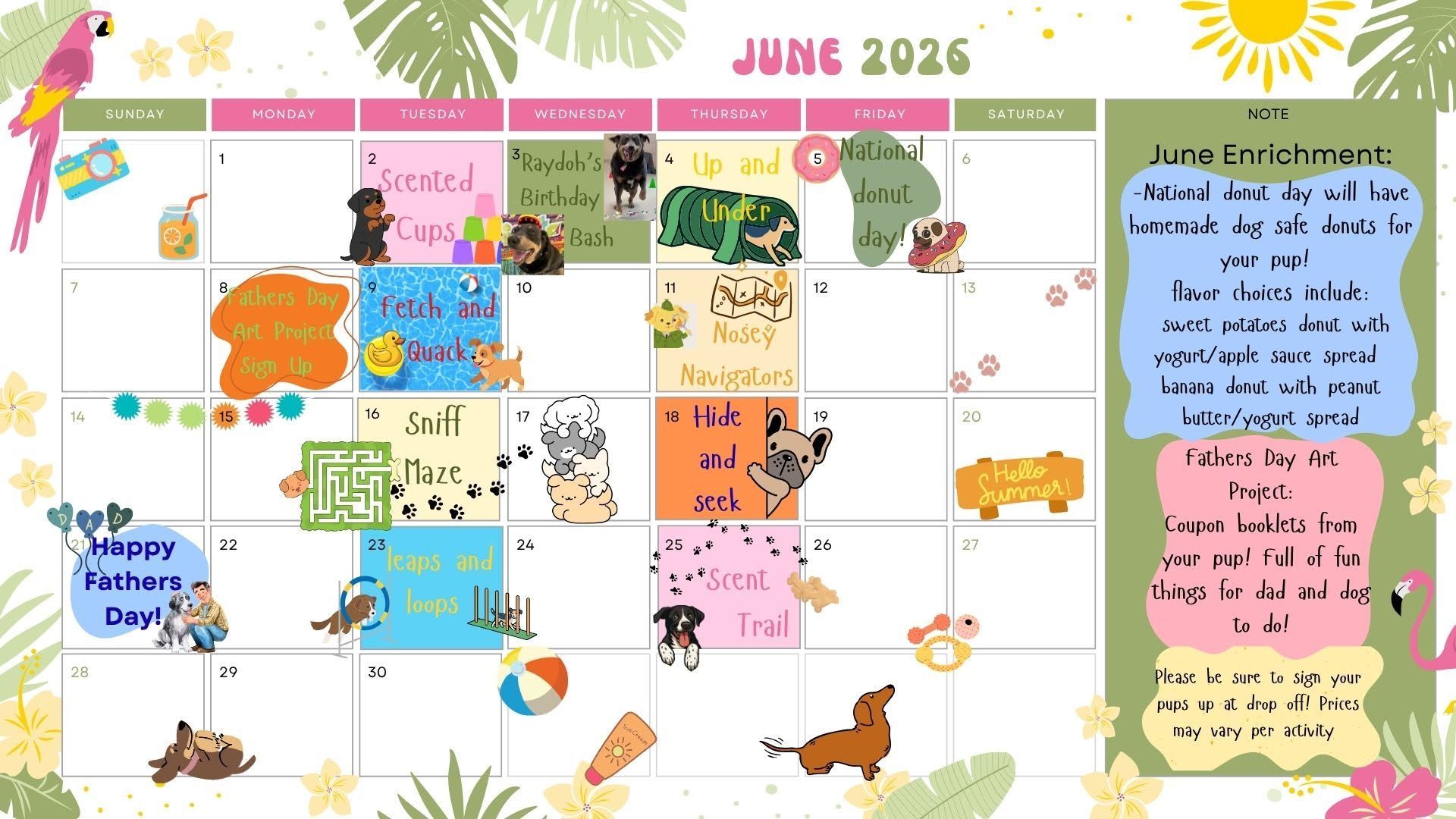 Colorful June 2026 monthly calendar with notes, stickers, and tropical leaf decorations