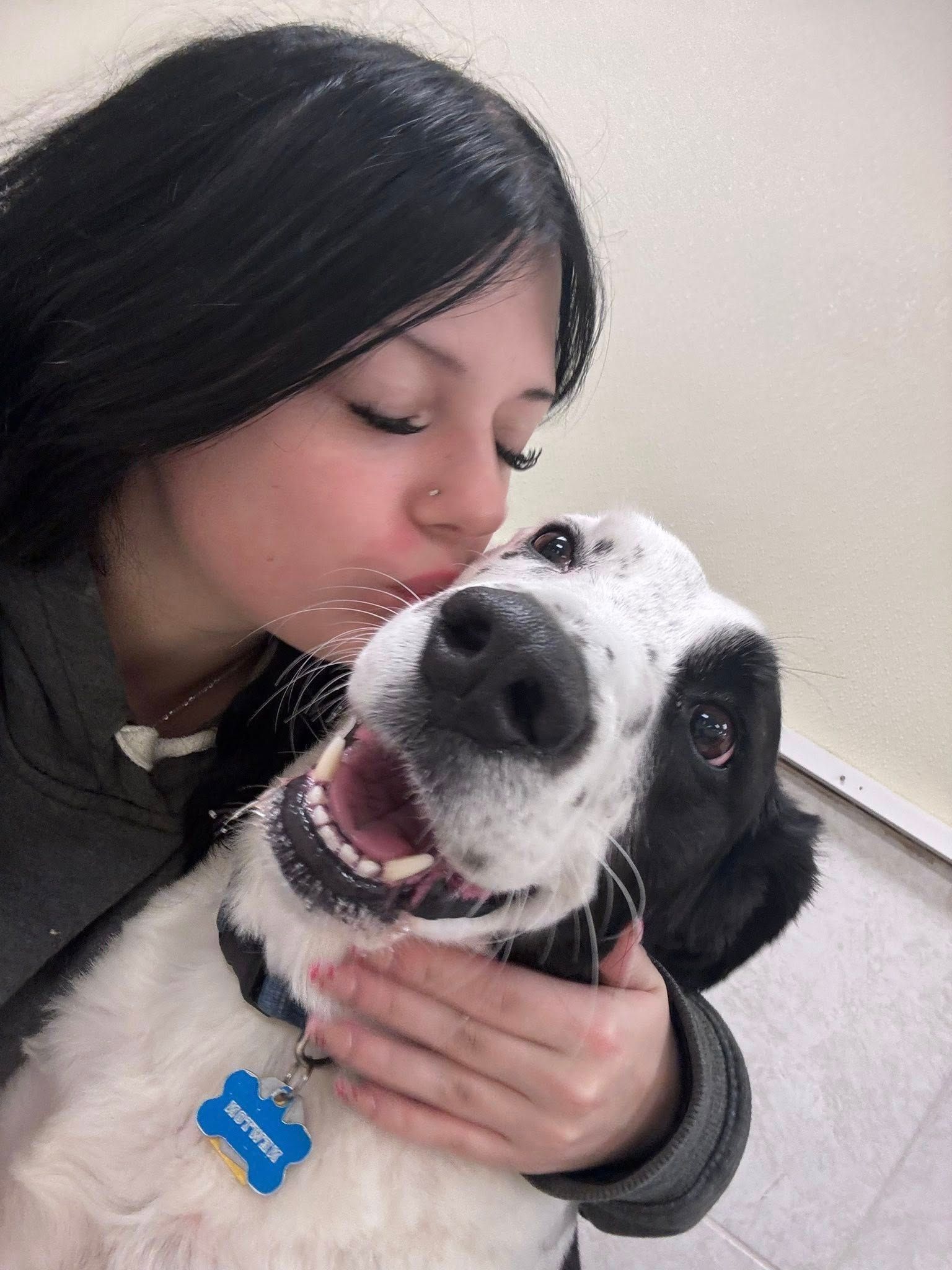 Woman kissing a black and white dog with blue collar