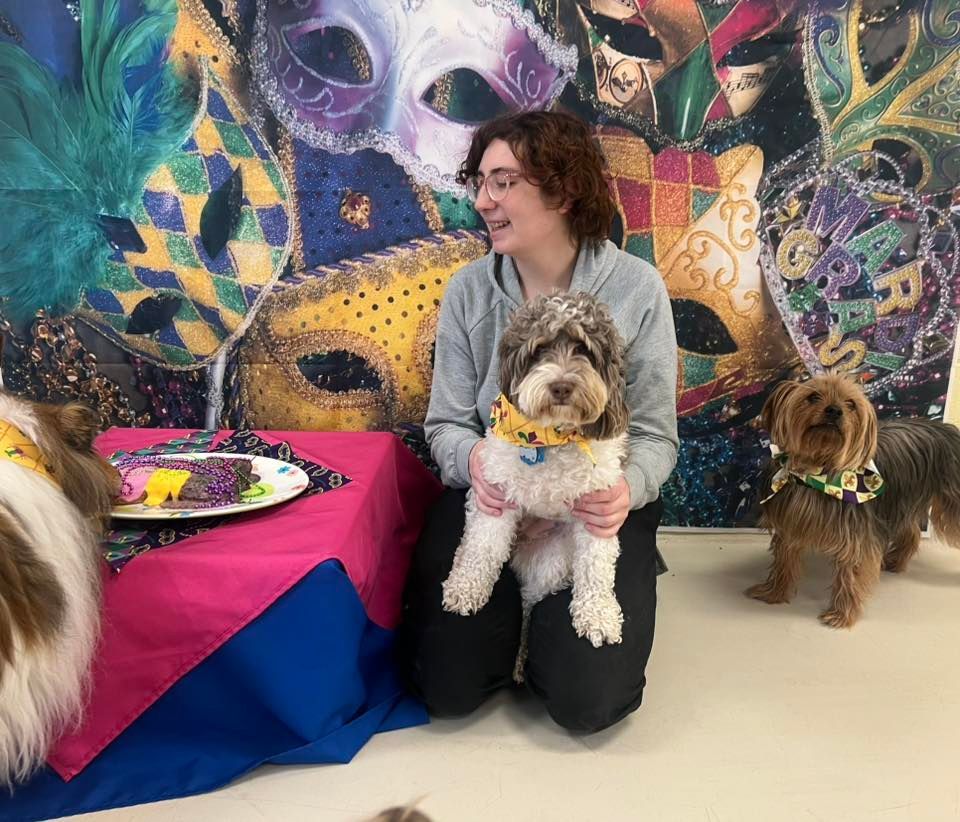 Person kneels holding a dog in front of Mardi Gras backdrop