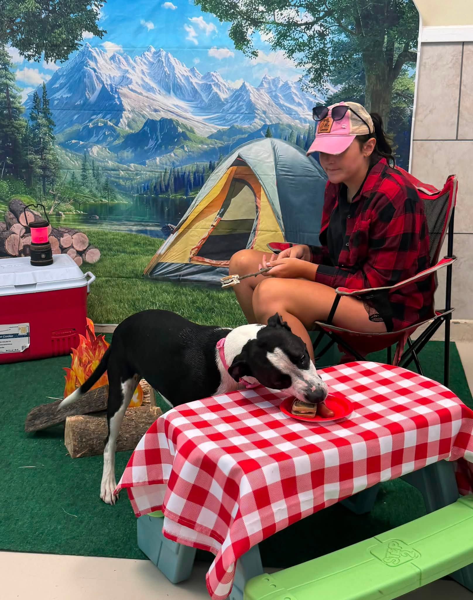 Woman sitting beside a black-and-white dog at a red-checkered table in a campsite scene.
